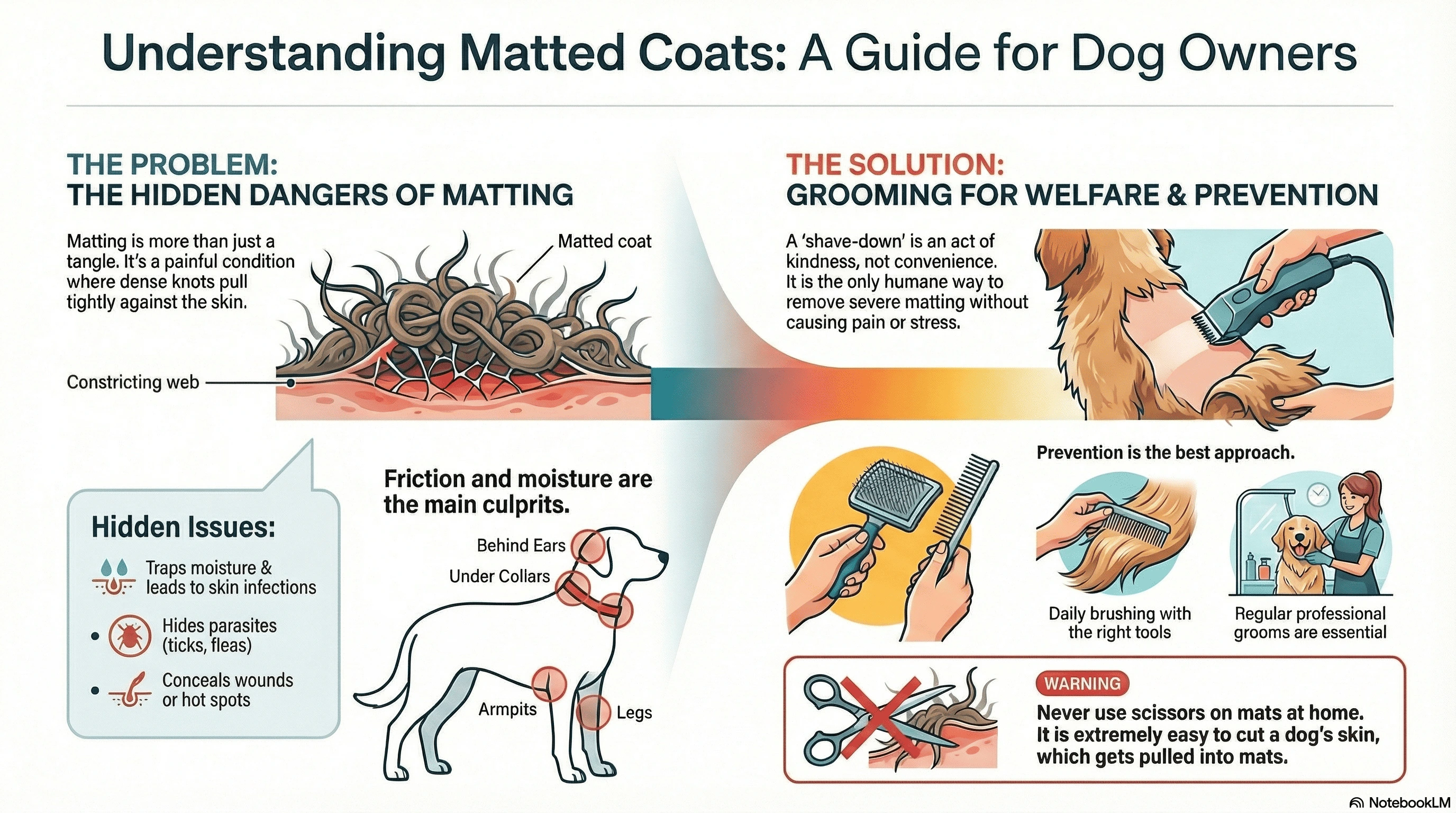 De-matting vs Shaving infographic showing when to de-mat minor tangles versus when shaving is the humane choice for severely matted dogs