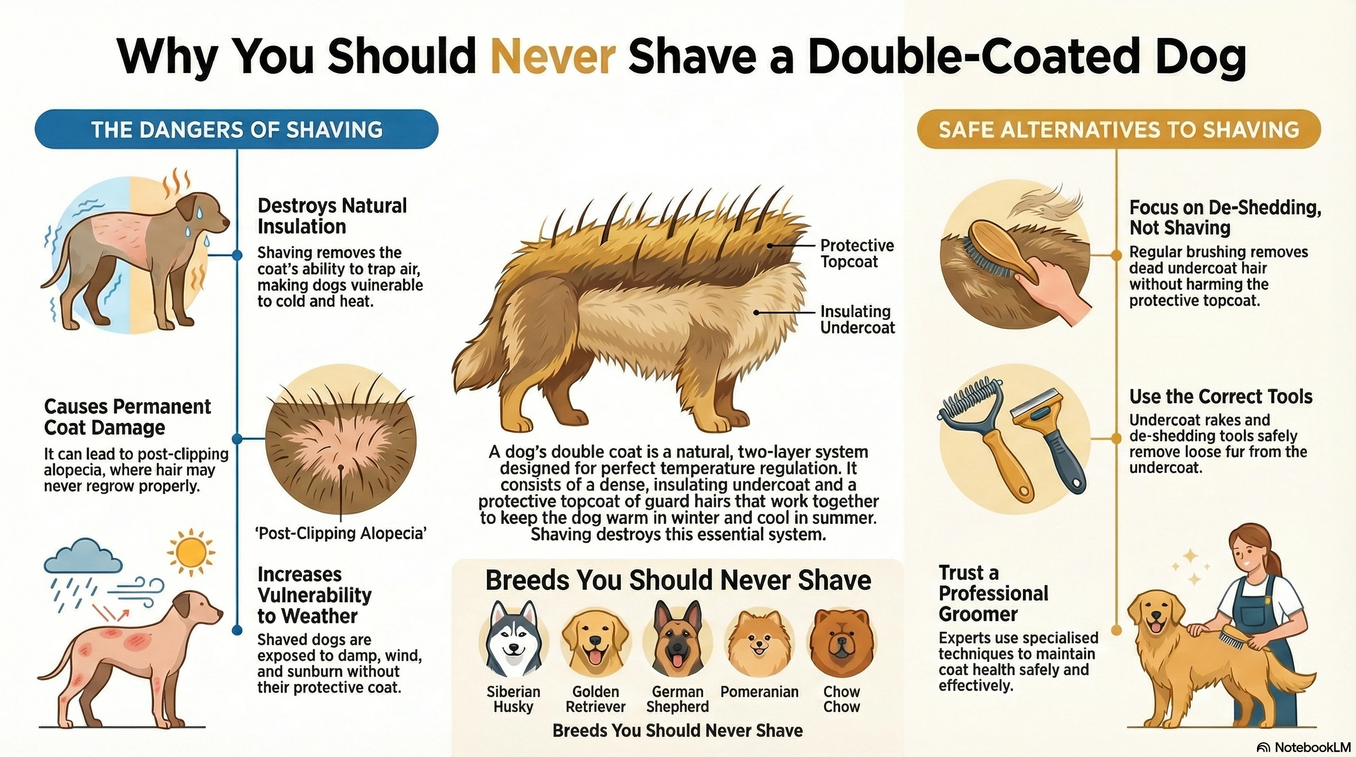 Infographic showing why you should never shave a double-coated dog - illustrating the two-layer coat system, risks of shaving including post-clipping alopecia, and safe alternatives like de-shedding