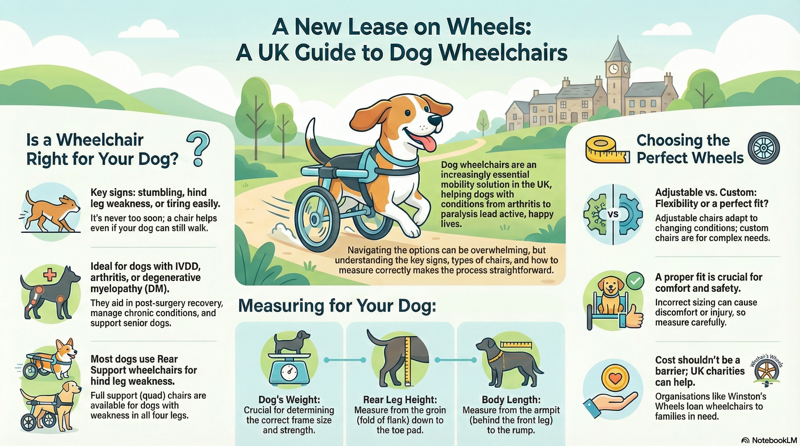 Infographic comparing custom and off-the-shelf dog wheelchairs, showing key differences in fit, cost, lead time, and adaptability