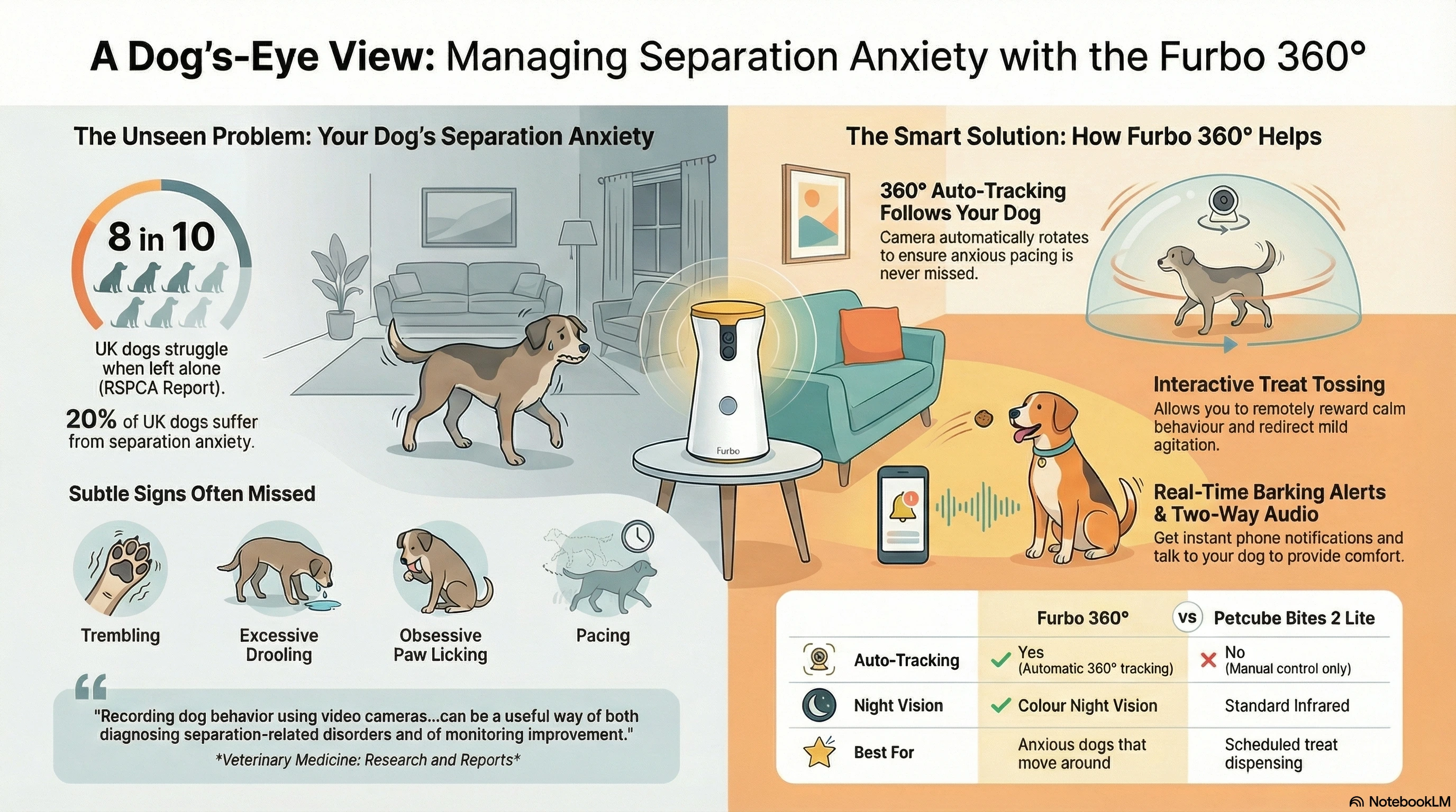Furbo 360° Dog Camera Review Infographic - Complete guide to features, benefits, and setup for anxious dogs