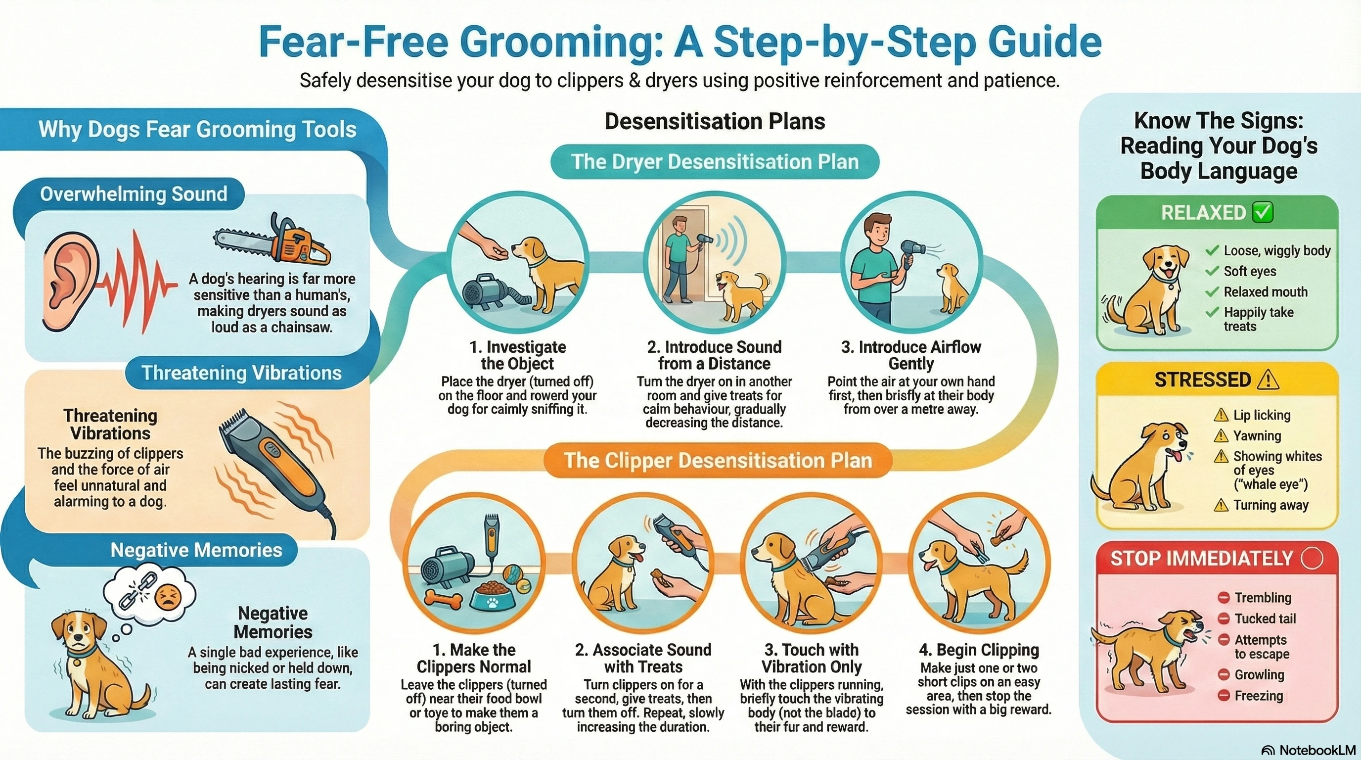 Infographic showing the step-by-step process for desensitising dogs to clippers and dryers