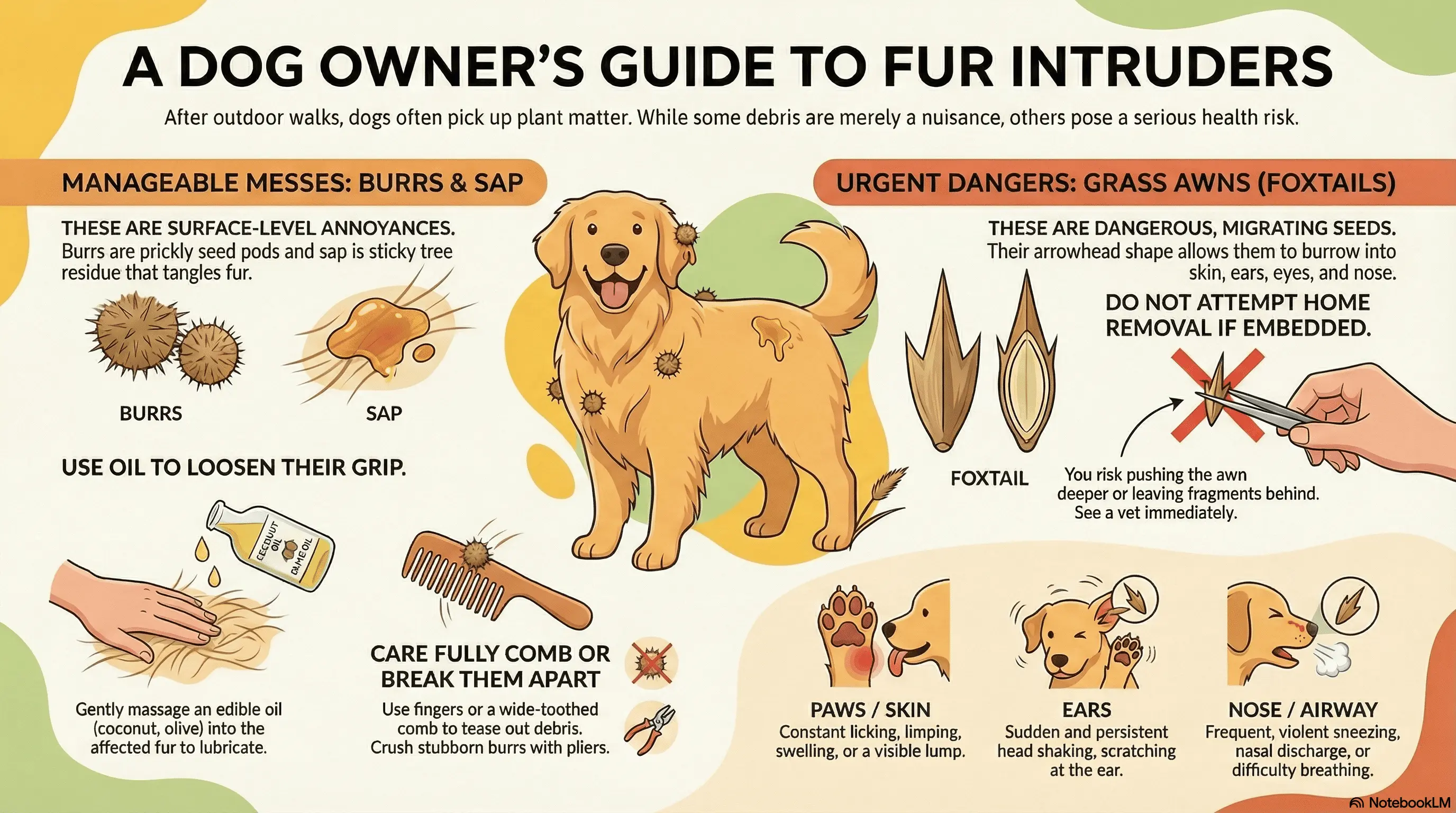 Infographic showing the step-by-step process for safely removing burrs, grass seeds, and tree sap from dog fur