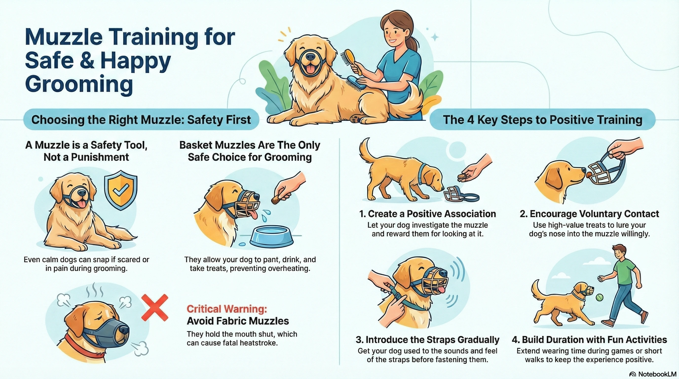 Step-by-step muzzle training infographic for dogs - visual guide showing 7 stages from introduction to full wearing