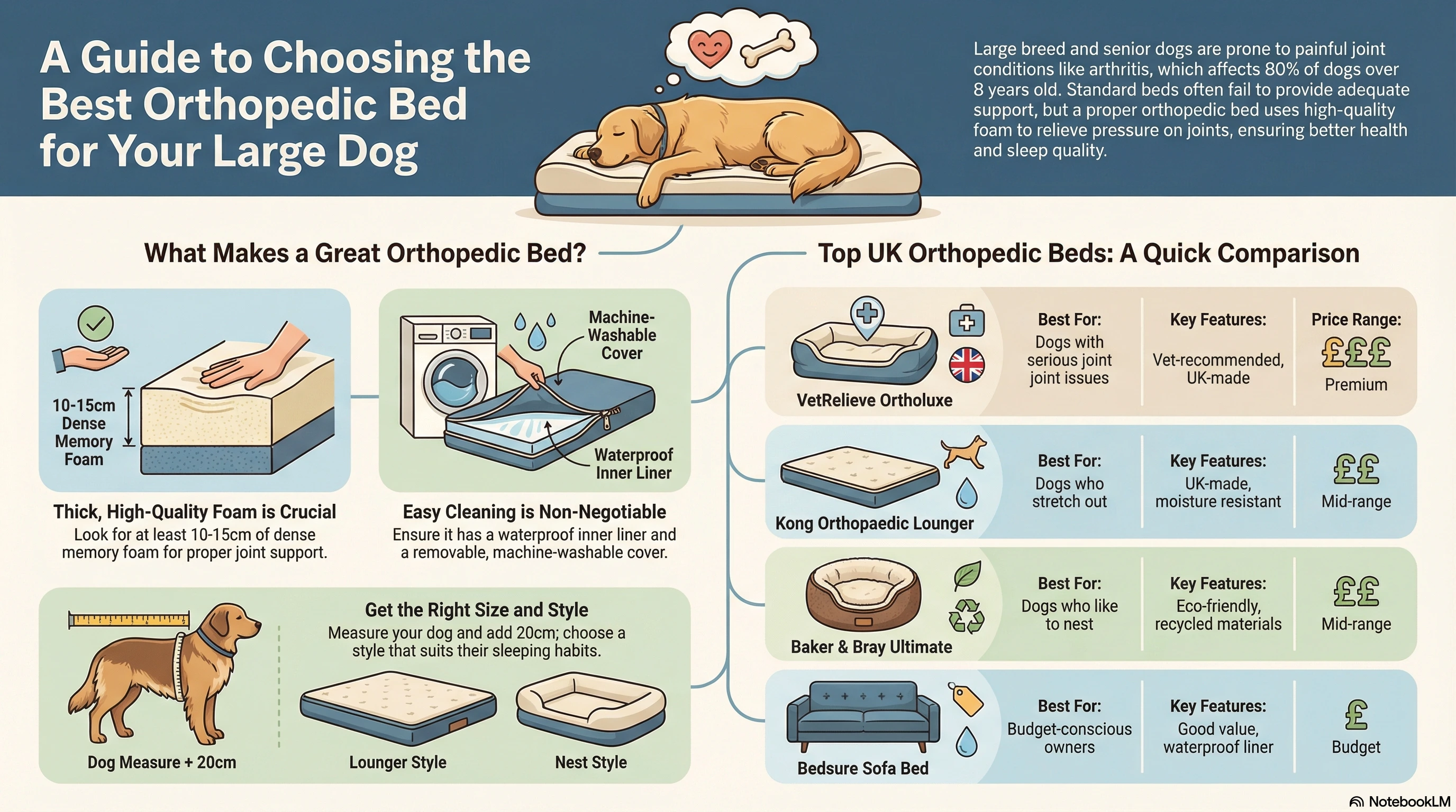 Infographic showing the best orthopedic beds for large and senior dogs