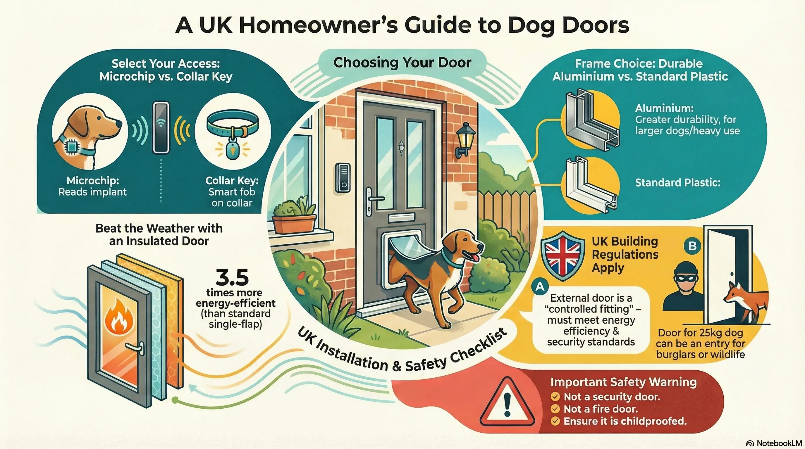 Infographic showing how microchip pet doors work, installation options, and key features to consider