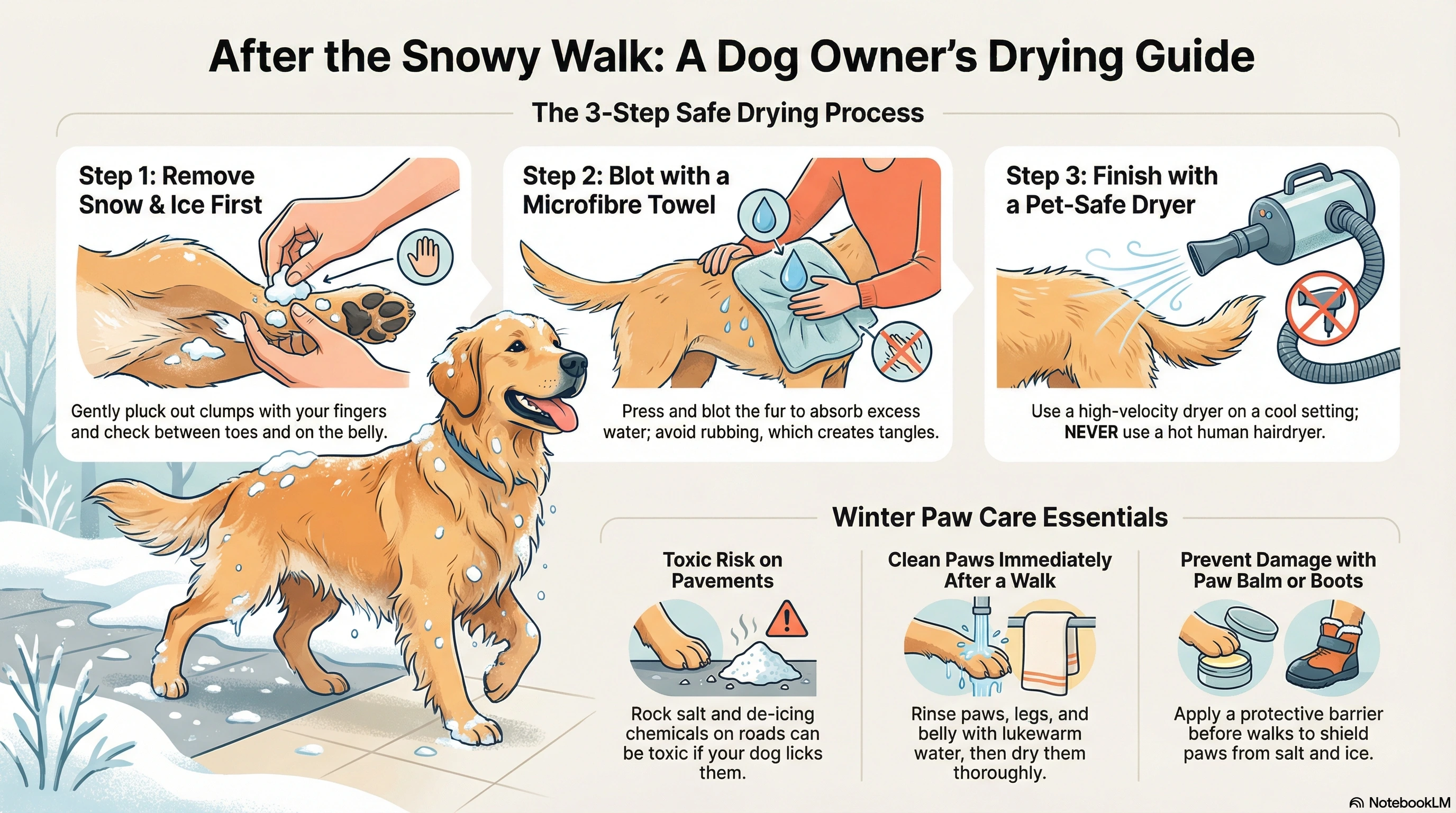 Infographic showing essential steps for drying your dog after snow and ice exposure - including snow removal, towel drying, and safe dryer techniques to prevent hypothermia