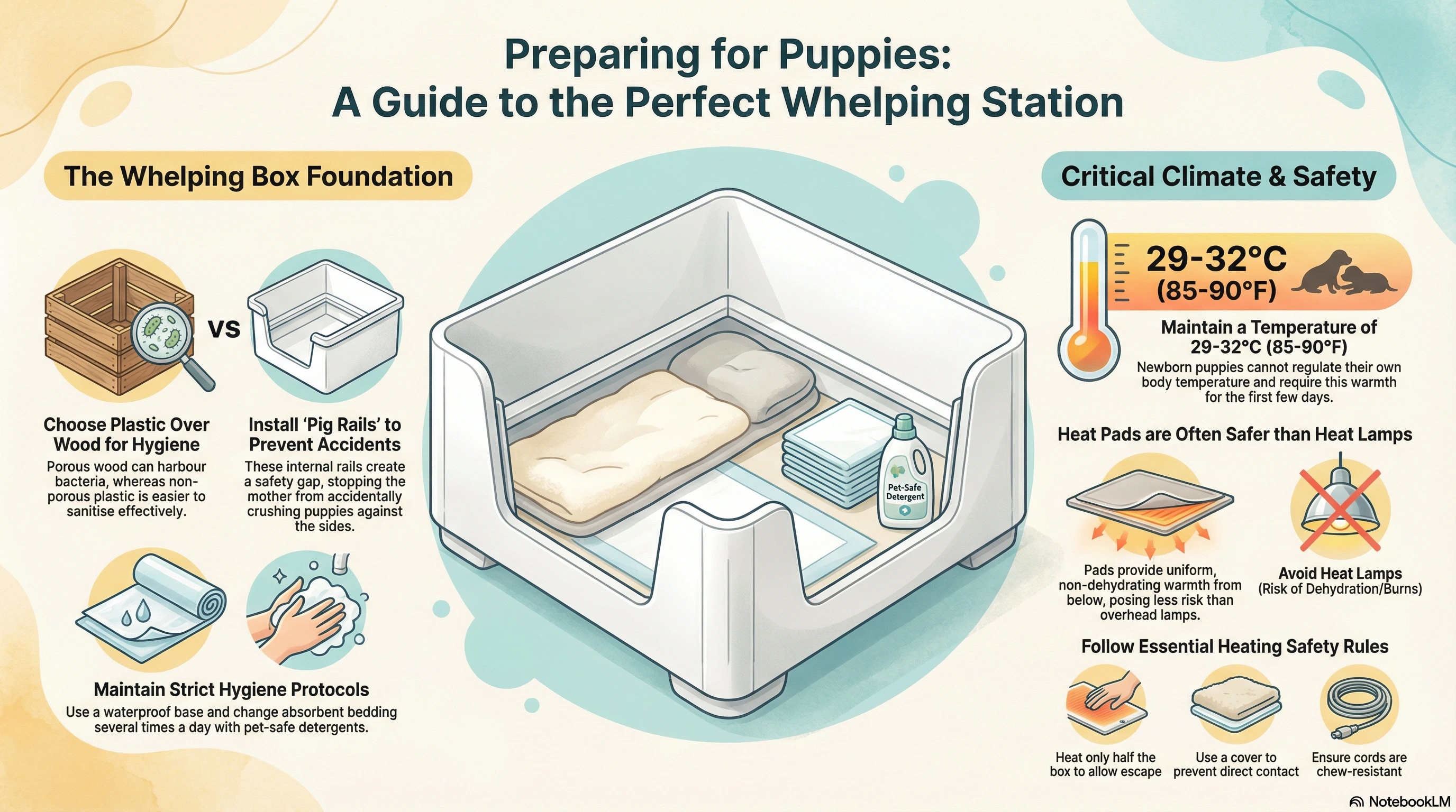 Comprehensive infographic showing whelping box setup with dimensions, pig rail placement, heat pad positioning, and temperature requirements for newborn puppies